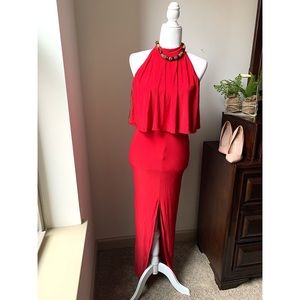 New look red layered split front maxi dress